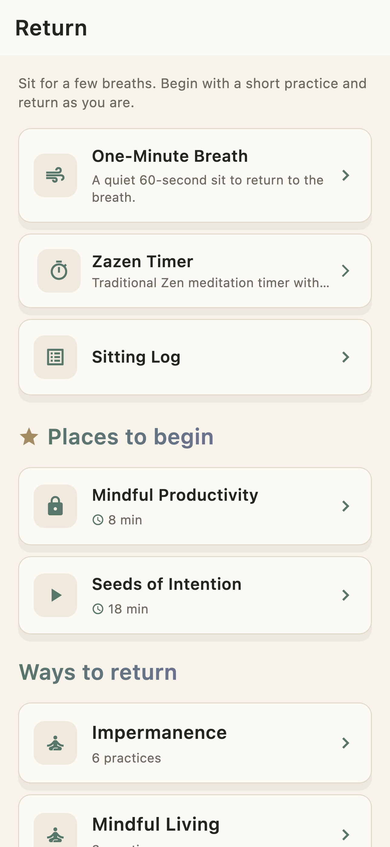 ZenDaily library of guided meditations, breathing practices, and zazen timer
